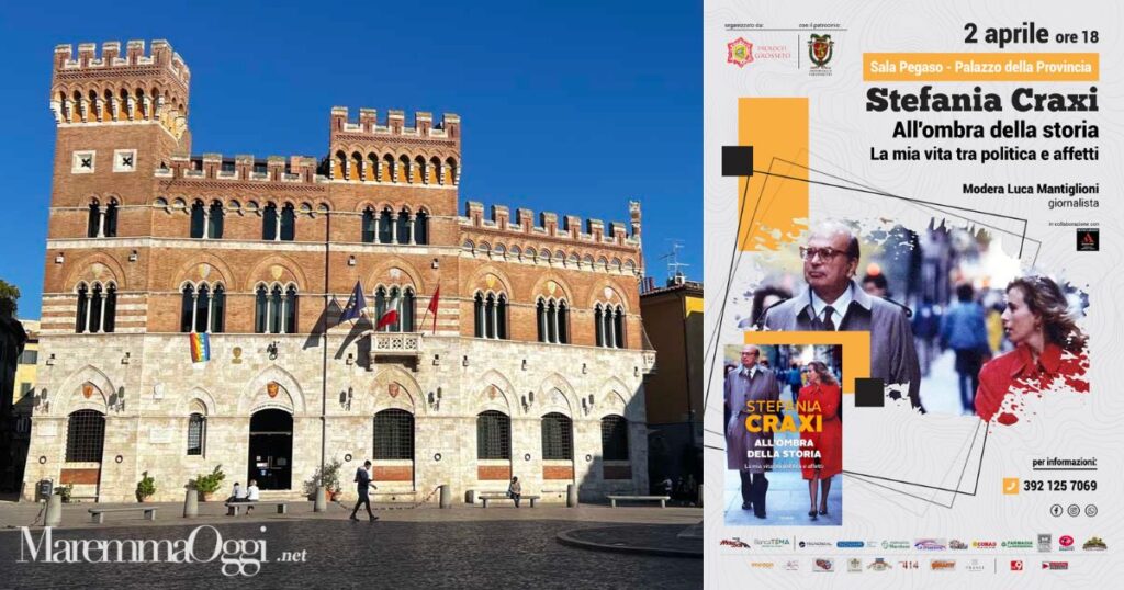 Il palazzo della Provincia e la locandina della presentazione del libro di Stefania Craxi