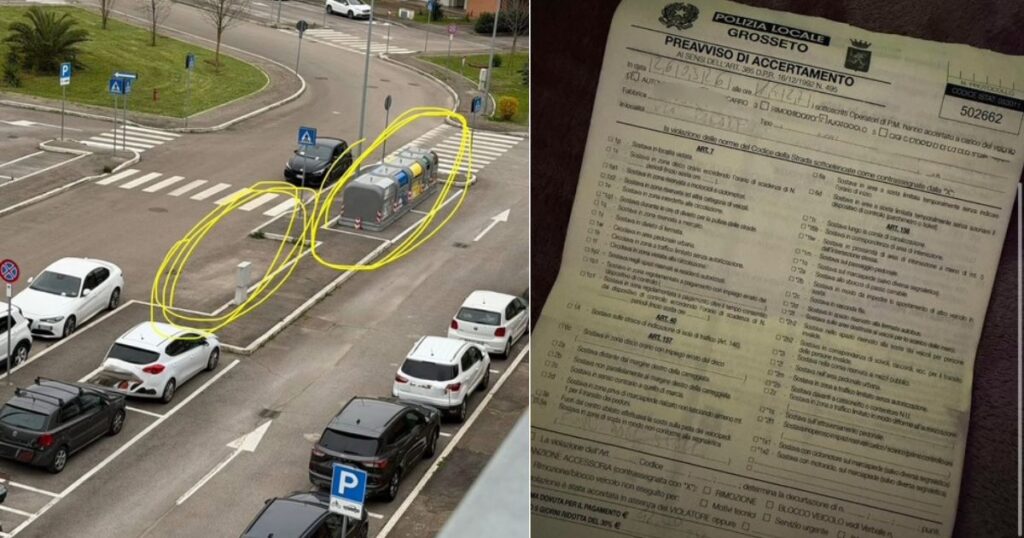 I cassonetti nei parcheggi e una multa ricevuta