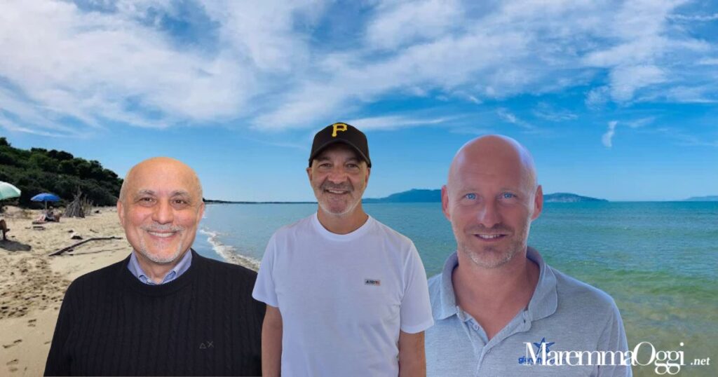 Una spiaggia e da sinistra: Amedeo Vasellini, Alessandro Ricci e Pietro Gavazzi