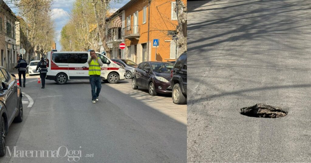 La municipale sul posto e la voragine nella strada