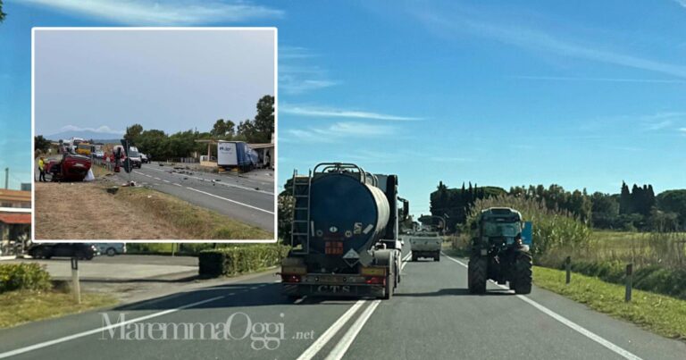 L'Aurelia a Capalbio: un tir sorpassa un trattore superando la doppia linea centrale. Nel riquadro, uno degli ultimi incidenti mortali