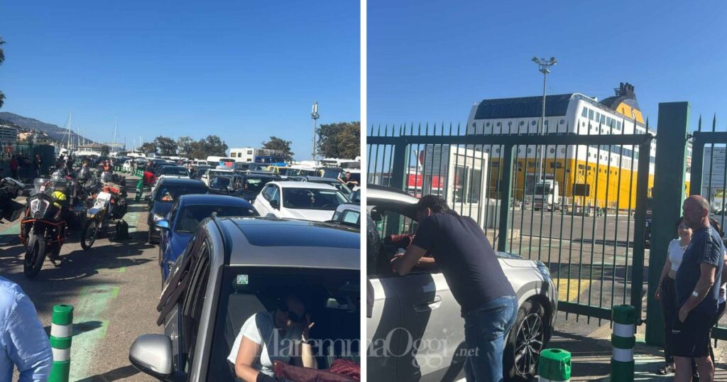 La lunga fila di auto e moto sul porto di Bastia e il cancello di accesso al traghetto chiuso