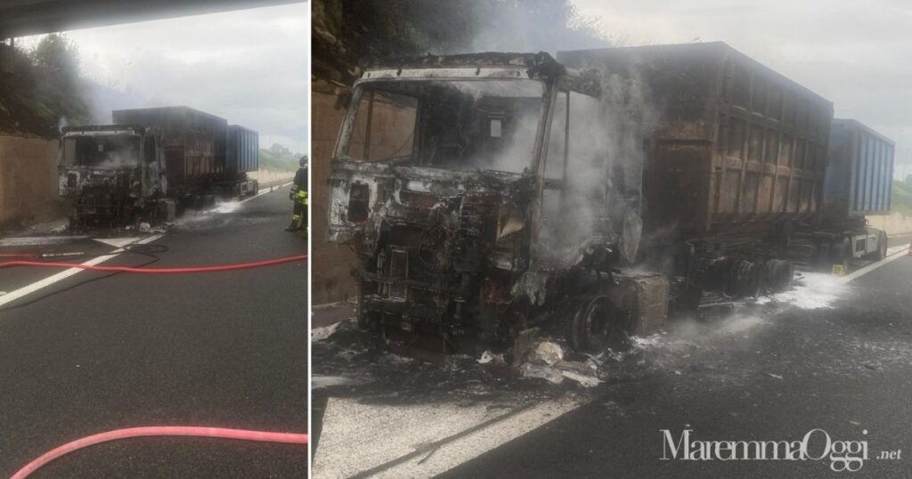 Il camion che ha preso fuoco