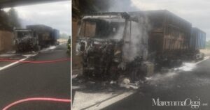 Il camion che ha preso fuoco