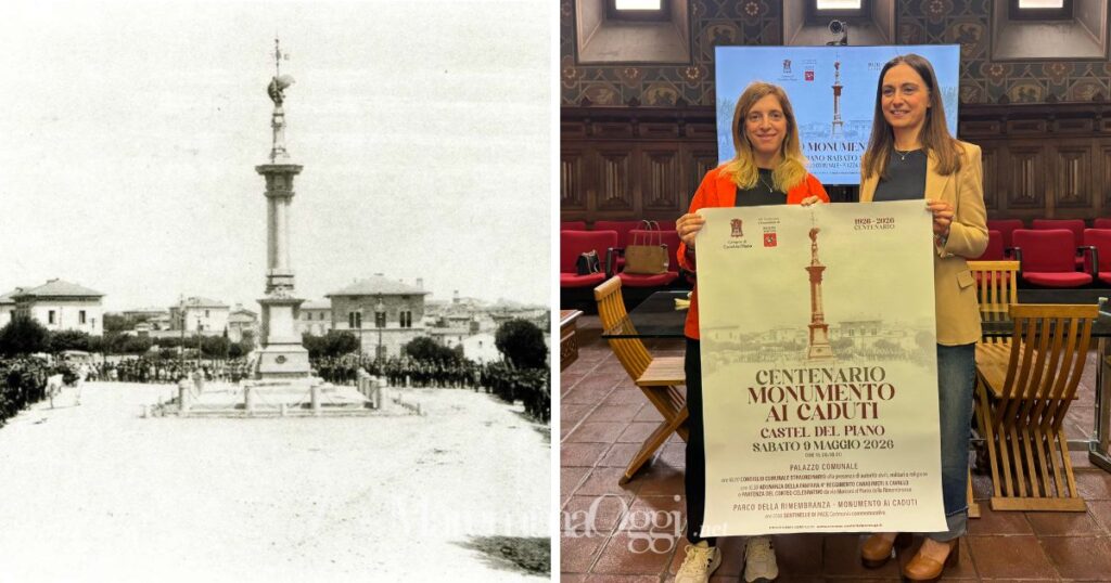 Una foto storica dell'inaugurazione del monumento e la vicesindaca Arezzini con la sindaca Pieraccini con il manifesto delle celebrazioni