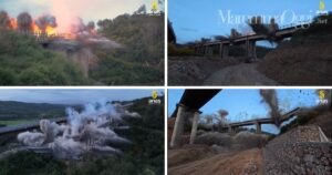 Quattro immagini dell'esplosione che ha demolito il vecchio viadotto Coscia sulla Grosseto-Siena