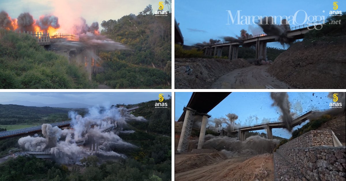 Quattro immagini dell'esplosione che ha demolito il vecchio viadotto Coscia sulla Grosseto-Siena