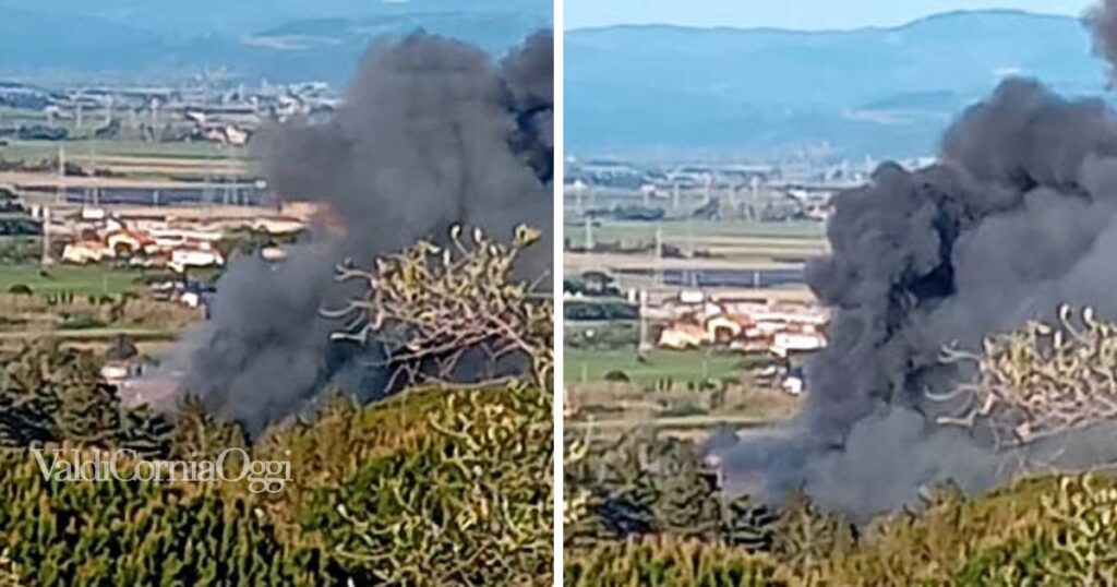Due immagini del fumo nero sopra Poggio ai Venti
