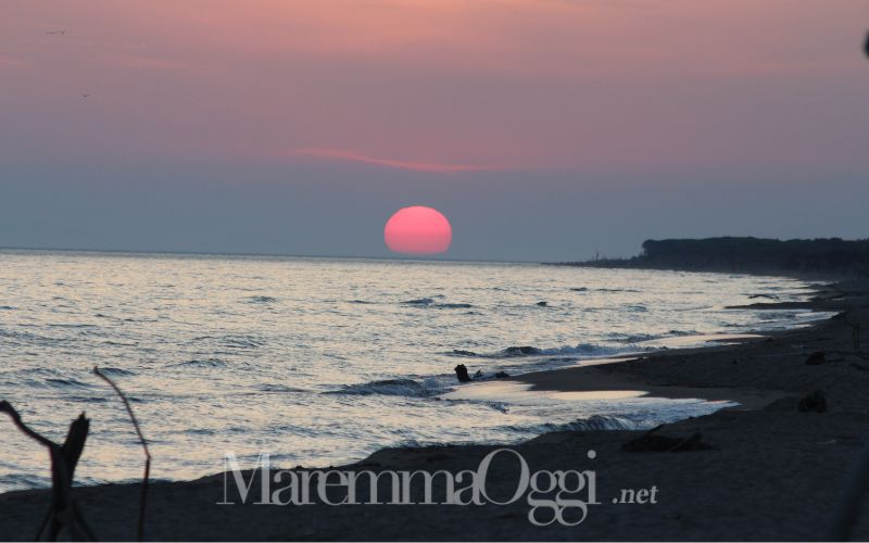 La spiaggia di Collelungo, nel parco della Maremma, al tramonto