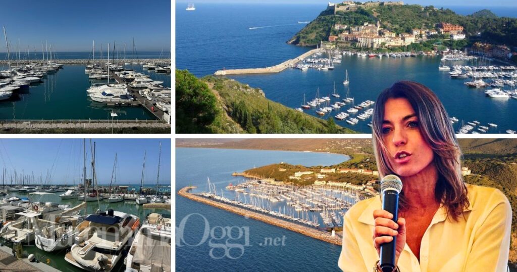 Alcuni porti della Maremma e della Val di Cornia: sopra San Vincenzo e Porto Ercole, sotto Marina di Grosseto e Punta Ala e la senatrice Simona Petrucci