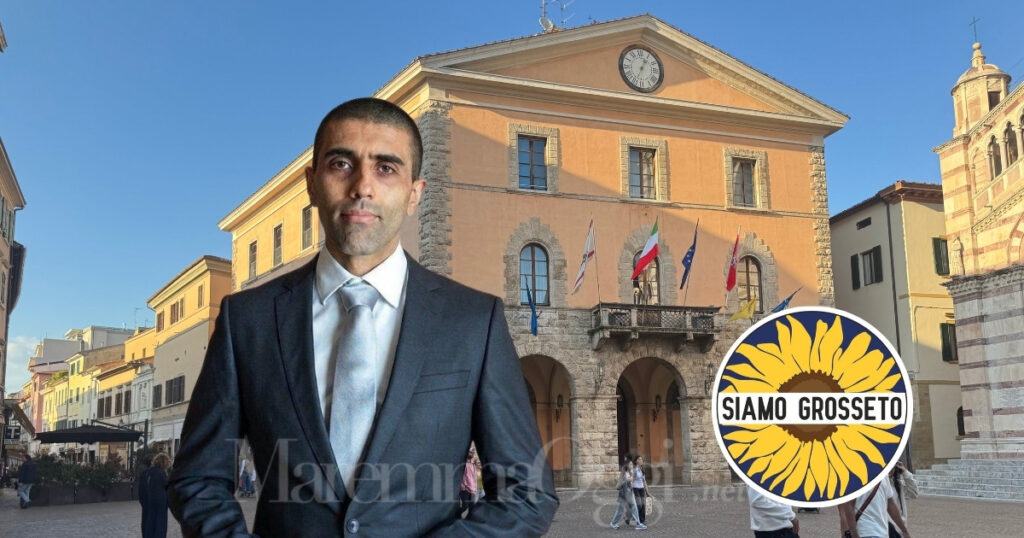 Il municipio di Grosseto, il logo di Siamo Grosseto e il medico cardiologo Elio Aloia