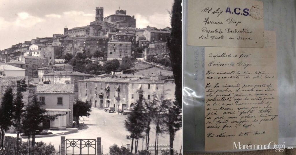 Una visuale di Manciano negli anni '40 (foto di "Maremma un tuffo nel passato") e la lettera scritta a Diego Ferrari