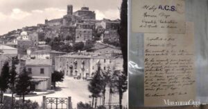 Una visuale di Manciano negli anni '40 (foto di "Maremma un tuffo nel passato") e la lettera scritta a Diego Ferrari