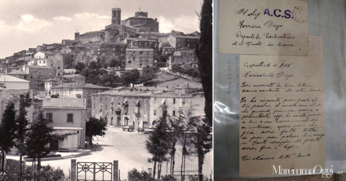 Una visuale di Manciano negli anni '40 (foto di "Maremma un tuffo nel passato") e la lettera scritta a Diego Ferrari