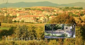 Una veduta di Fonteblanda e la fonte lungo la vecchia Aurelia