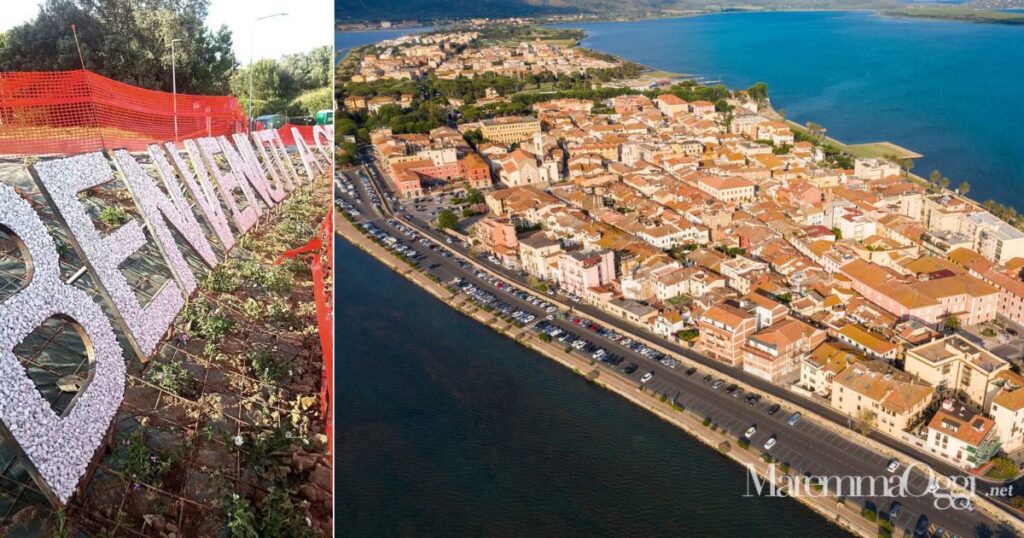 La scritta "Benvenuti a Orbetello" e una visuale della cittadina
