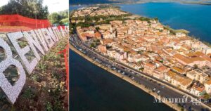 La scritta "Benvenuti a Orbetello" e una visuale della cittadina