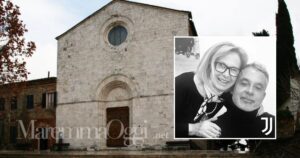 La chiesa di Monticiano e la moglie di Luciano Moggi con il figlio Alessandro
