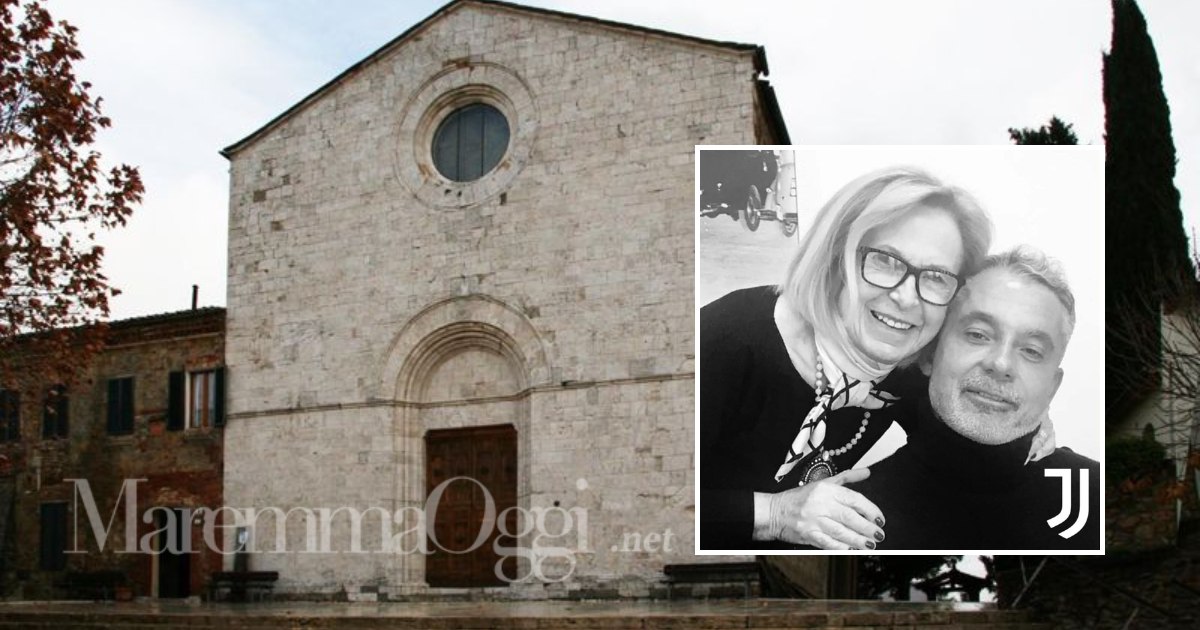 La chiesa di Monticiano e la moglie di Luciano Moggi con il figlio Alessandro