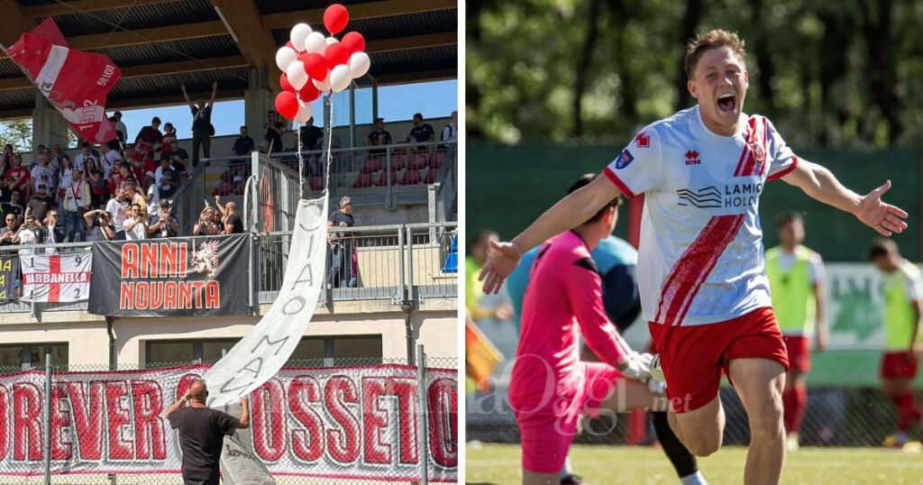 Lo striscione per Manuela e l'esultanza di Fiorani (foto Noemy Lettieri per Us Grosseto 1912)