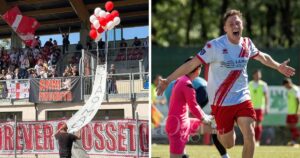 Lo striscione per Manuela e l'esultanza di Fiorani (foto Noemy Lettieri per Us Grosseto 1912)