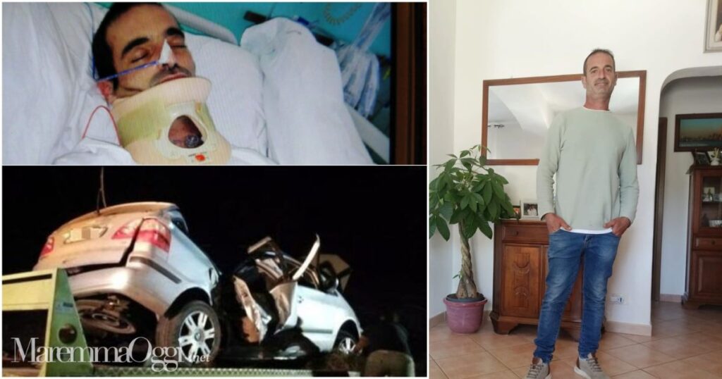 A destra l'incidente e Daniele Meravigli in ospedale, a sinistra l'uomo oggi