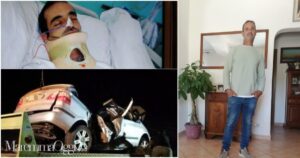 A destra l'incidente e Daniele Meravigli in ospedale, a sinistra l'uomo oggi