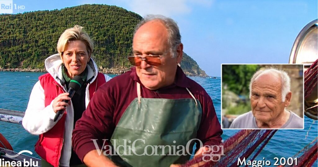 Enzo Papi con Donatella Bianchi in una vecchia puntata di Linea Blu e nel riquadro una foto recente