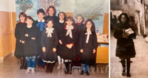 La maestra Carla con alcuni alunni e con i suoi libri in paese