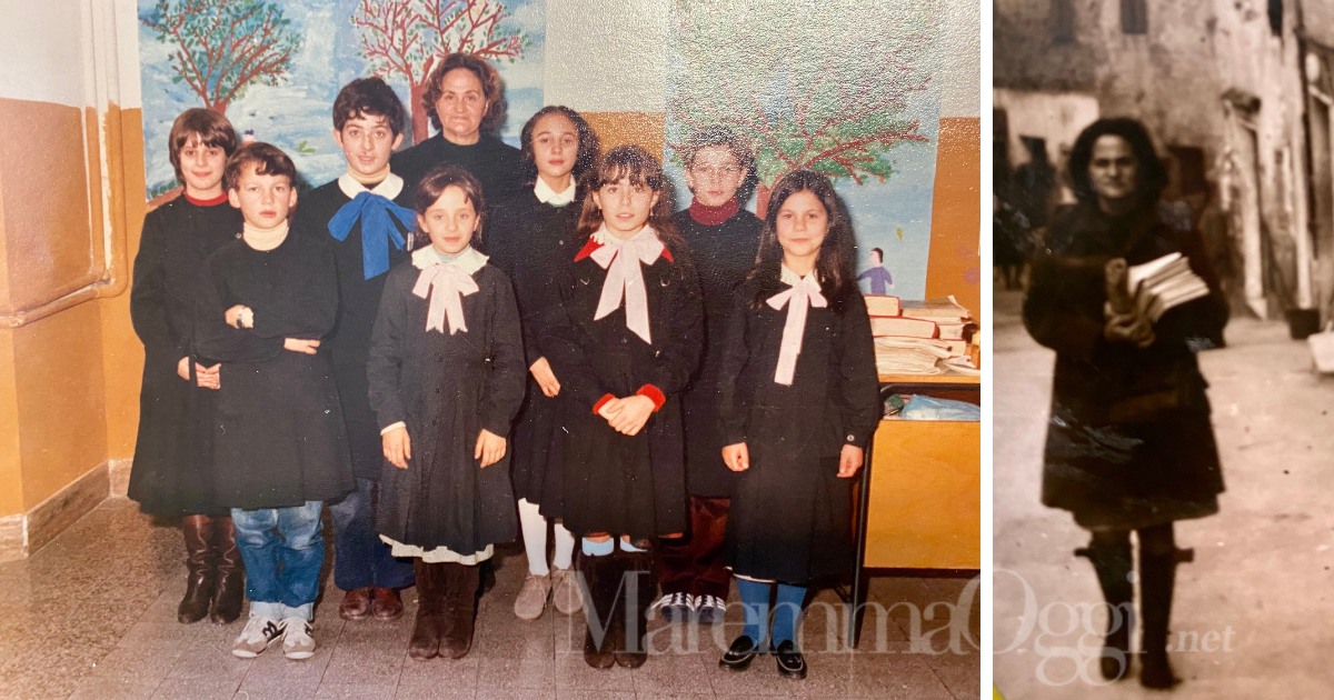 La maestra Carla con alcuni alunni e con i suoi libri in paese