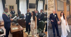 Luca Minucci legge la formula e unisce in matrimonio Riccardo Cretella e Fiamma Ceccherini, a destra l'uscita dal municipio di Grosseto