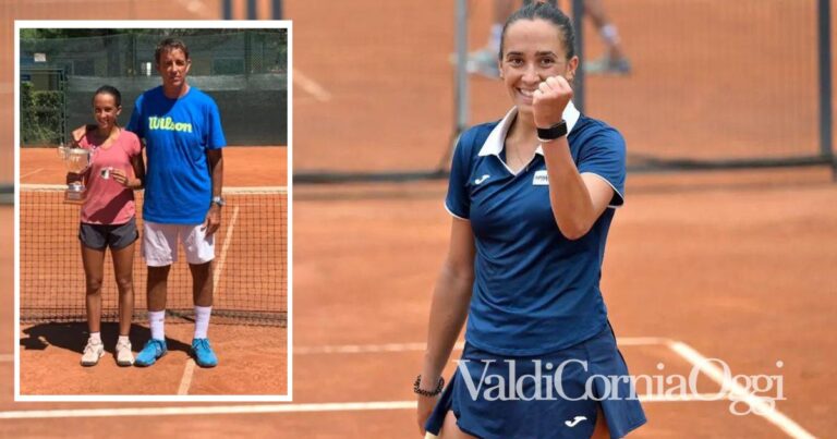 Noemi Basiletti agli internazionali di Roma, nel riquadro la campionessa con il coach Roberto Catalucci dopo la vittoria negli under 13 di Lucca