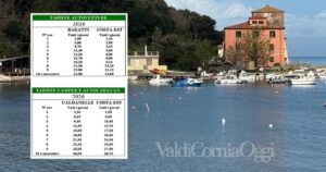 Una veduta di Baratti, nel riquadro il costo per la sosta nel 2026