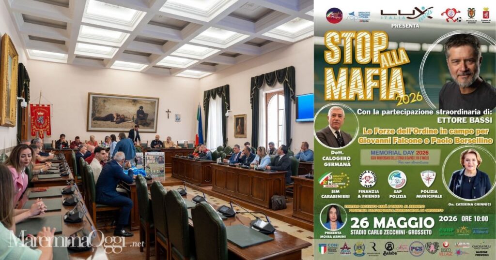 La sala del del Comune di Grosseto durante la presentazione (foto di Aldo Giuliani) e la locandina dell'evento