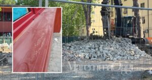 I lavori di demolizione in corso in via Montebianco e le polveri accanto a una delle finestre