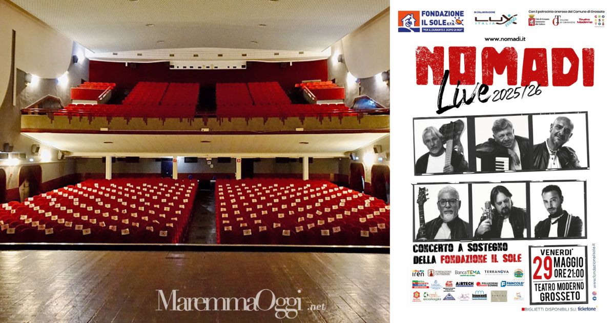 Il teatro Moderno e la locandina del concerto di beneficenza