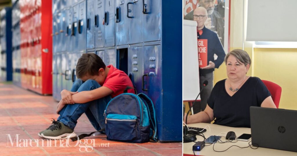 Un bimbo in un corridoio di una scuola e Alessandra Vegni