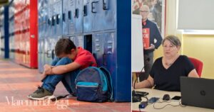 Un bimbo in un corridoio di una scuola e Alessandra Vegni
