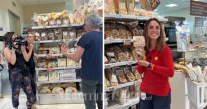 Un momento delle riprese di France Tv 24 nel supermercato Conad di via Scansanese