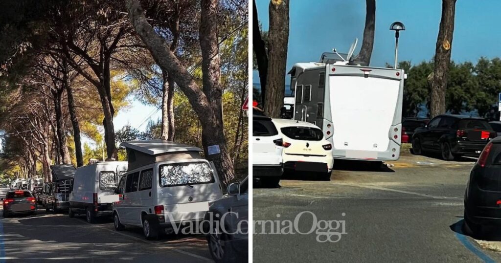 Camper abusivi nei parcheggi auto a Baratti (foto di Andrea Camerini, "Amo Baratti")