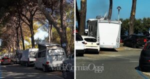 Camper abusivi nei parcheggi auto a Baratti (foto di Andrea Camerini, "Amo Baratti")