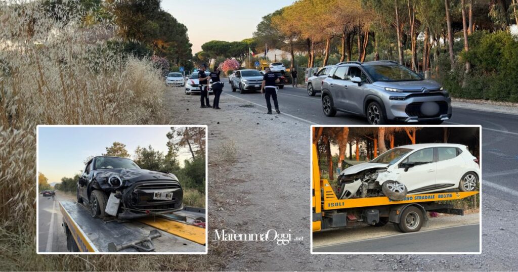 La zona dell'incidente e i rilievi della polizia municipale e le due auto coinvolte