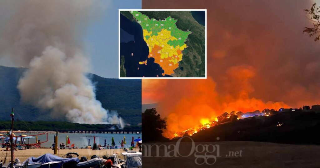 Allerta arancione per gli incendi, a sinistra il rogo a Rocchette, a destra le fiamme a Cana, nell'estate 2025