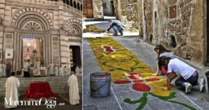 A sinistra il duomo di Grosseto e a destra un momento dell'infiorata a Pitigliano