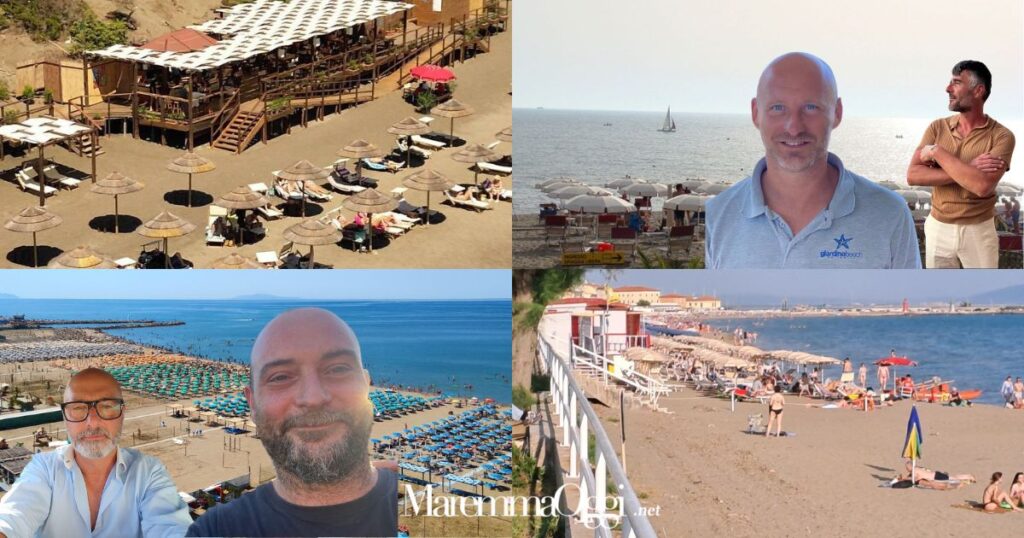 In alto a sinistra: Il Jacarè di Capalbio. A sinistra una spiaggia di Follonica e Paolo Gavazzi e Alessandro Gandi. In basso a sinistra una spiaggia di Marina di Groseto e Luca Pantani e Simone Guerrini. in basso a destra una spiaggi di Castiglione della Pescaia