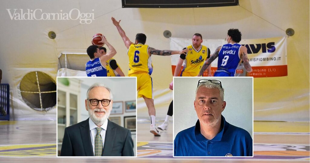 Una partita del Basket Golfo (foto Daniele Giuliani) e, a sinistra, Ottorino Lolini, a destra Francesco Barsotti
