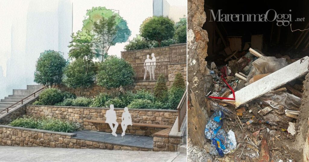 A sinistra il progetto dell'area verde e a destra la sporcizia trovata dentro gli immobili
