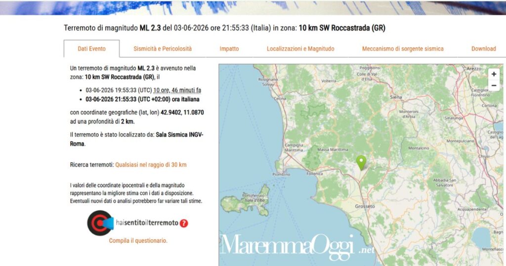 La scheda sul terremoto vicino a Roccastrada dell'Ingv
