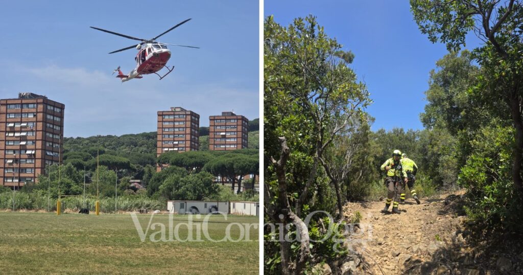 L'atterraggio dell'elisoccorso a Salivoli e i soccorritori sul luogo della tragedia