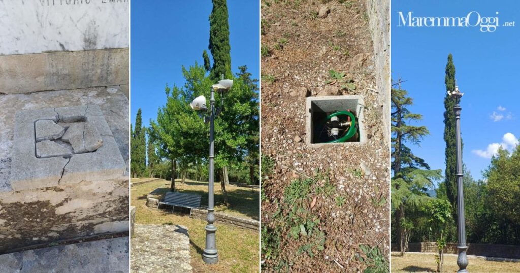 I lampioni e ti tombini distrutti dai vandali